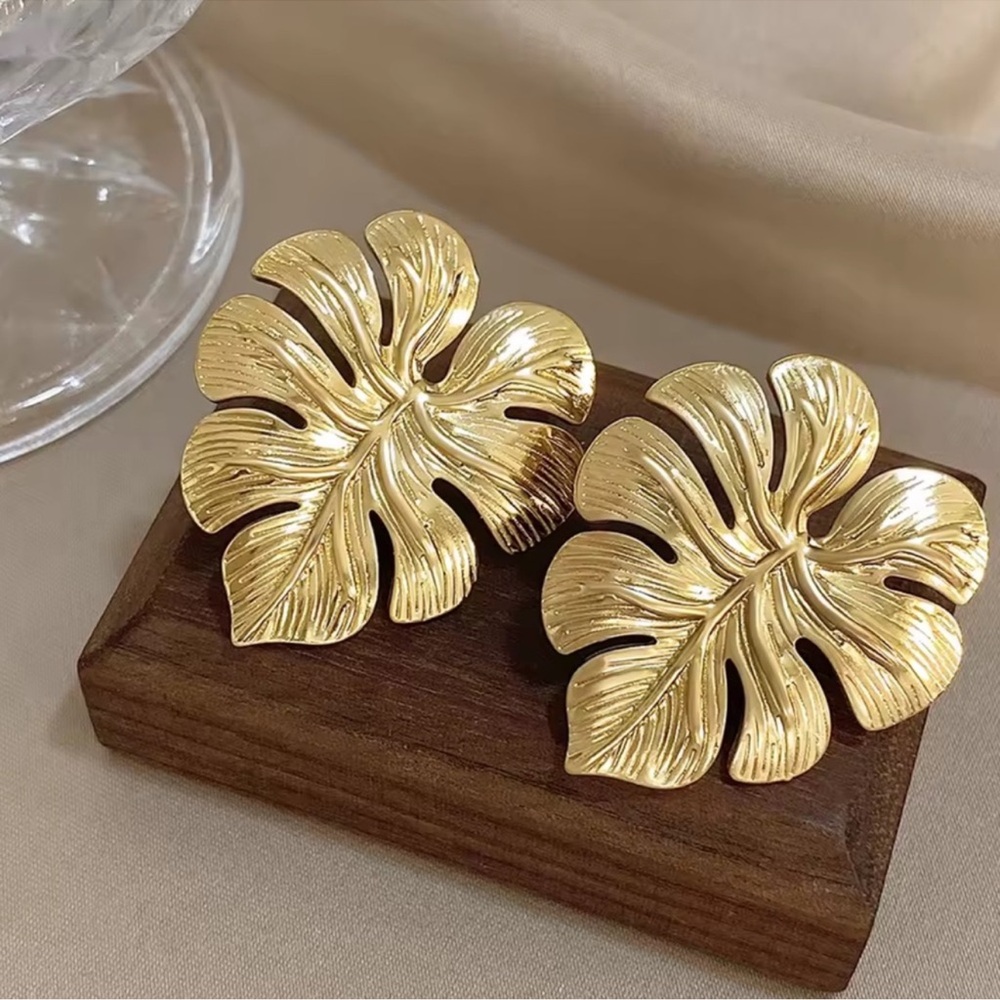 Gold Monstera Leaf Statement Earrings - image 1